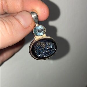 Blue Metallic Druzy & Sky Blue Topaz Necklace Pendant 925 Sterling Silver Oval